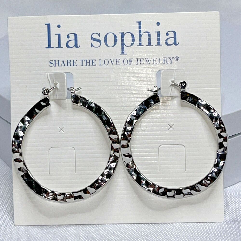 Lia Sophia Waverly Silver Tone Hammered Finish Hoop Earrings